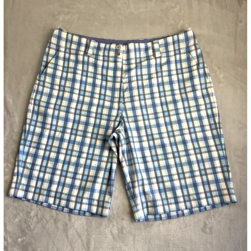 Nike Golf Short Women 14 Blue Plaid FIT DRY Stretch Lightweight 10'' Inseam